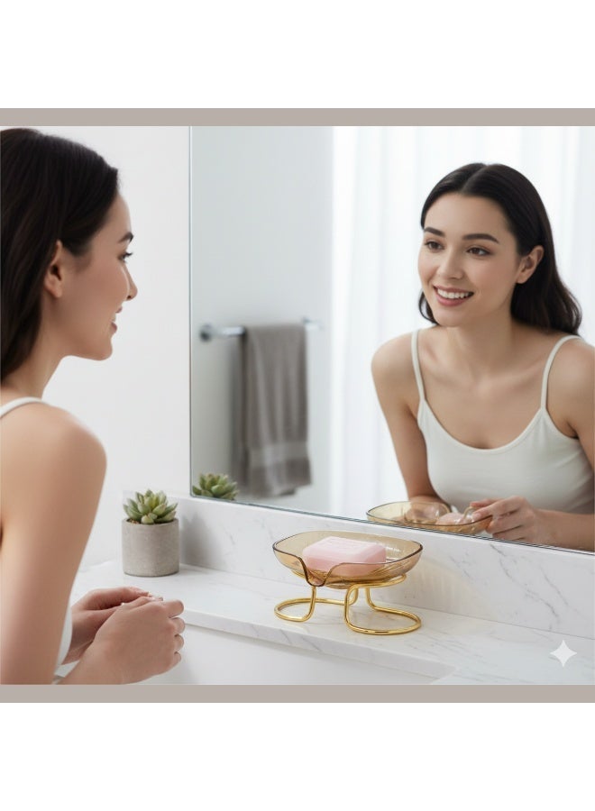 Acrylic Soap Dish with Gold Metal Stand & Drainage | Soap Tray for Bathroom & Kitchen Sink | Modern Stable Rust-Resistant Easy-Clean Design-Honey - Image 2